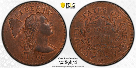 Obverse and reverse of 1796 Liberty Cap cent (S-84); PCGS TrueView photograph