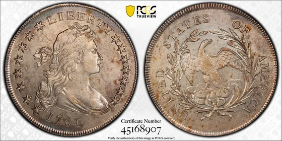 PCGS TrueView photograph of 1796 Draped Bust Dollar, Small Date and Small Letters