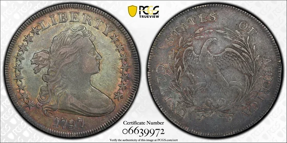 PCGS TrueView photograph of 1797 Draped Bust Dollar, 9 by 7 Stars and Small Letters