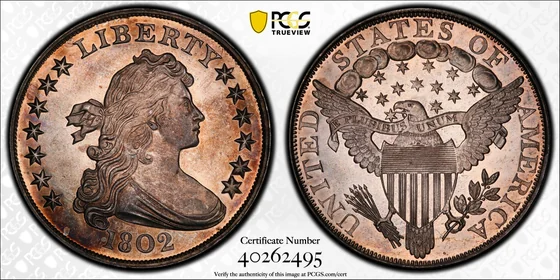 PCGS TrueView photograph of 1802 Draped Bust Dollar, Proof Restrike