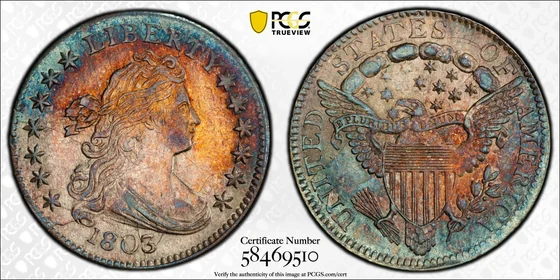PCGS MS64+ 1803 Draped Bust dime, JR-3, obverse and reverse, reference example