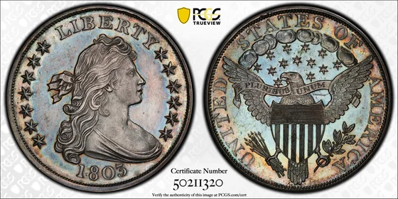 PCGS TrueView photograph of 1803 Draped Bust Dollar, Proof Restrike