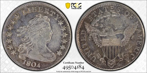 PCGS AU55 1804 13 Star Reverse Draped Bust dime, JR-1, obverse and reverse, reference example