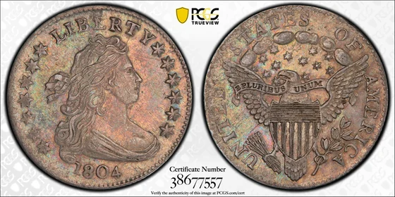 PCGS AU58 1804 Draped Bust dime with 14 Star Reverse, obverse and reverse, reference example