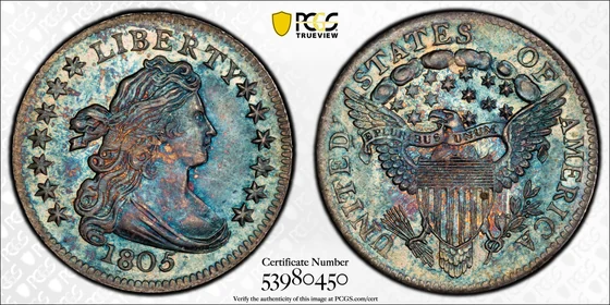 PCGS MS67+ 1805 4 Berries Draped Bust dime, obverse and reverse, reference example