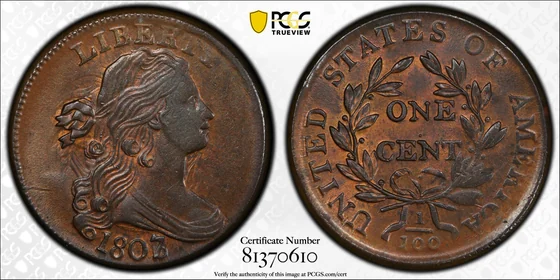 1807/6 Draped Bust cent, Large 7 (S-273), PCGS MS63+RB specimen, obverse and reverse
