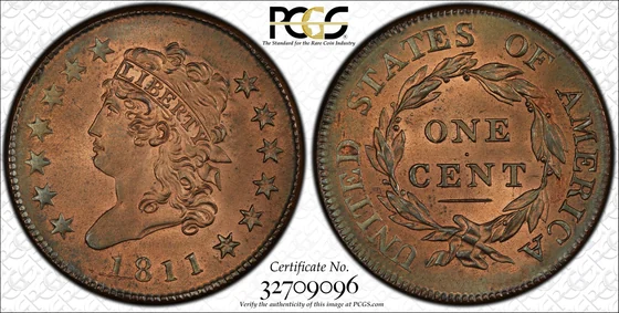 1811 Classic Head cent, Normal Date, PCGS MS65RD specimen, obverse and reverse