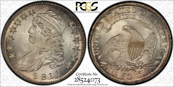 PCGS MS67+ 1811 Small 8 O-110a Capped Bust half dollar, obverse and reverse, reference example