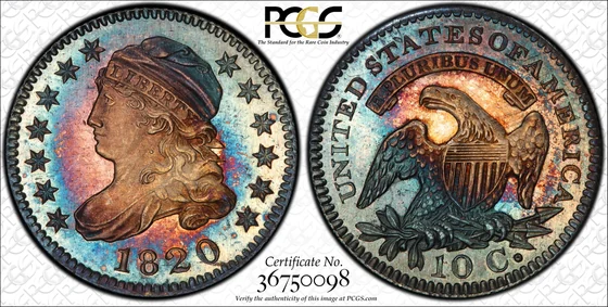 PCGS PR66+ 1820 Capped Bust dime, obverse and reverse, reference example