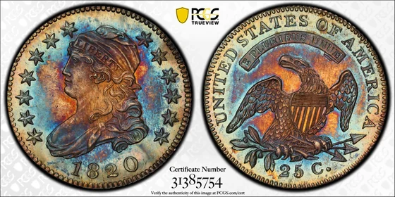 PCGS PR66 1820 Capped Bust proof quarter, obverse and reverse, reference example