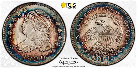PCGS MS67+ 1820 Small 0 Capped Bust dime, obverse and reverse, reference example
