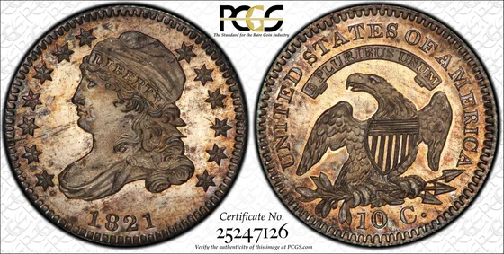 PCGS PR66 1821 Capped Bust dime, obverse and reverse, reference example