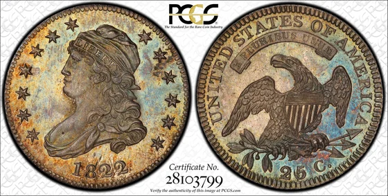 PCGS PR65 1822 25/50C Capped Bust proof quarter, obverse and reverse, reference example