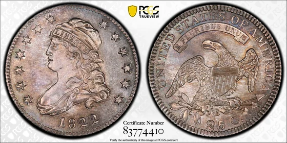 PCGS MS65+ 1822 B-2 25/50C Capped Bust quarter, obverse and reverse, reference example