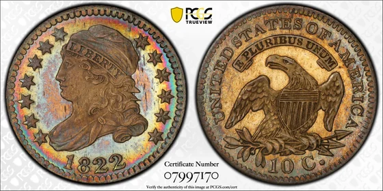 PCGS PR66+ Cameo 1822 Capped Bust proof dime, obverse and reverse, reference example