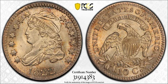 PCGS MS66 1822 Capped Bust dime, JR-1, obverse and reverse, reference example