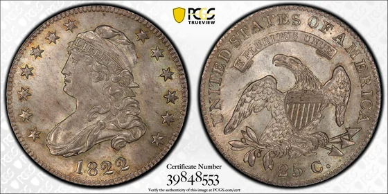 PCGS MS65 1822 B-1 Capped Bust quarter, obverse and reverse, reference example