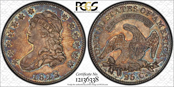 PCGS TrueView of the 1823/2 quarter, AU58 Norweb-Pogue benchmark specimen