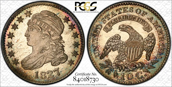 PCGS PR66 1827 Capped Bust dime, obverse and reverse, reference example