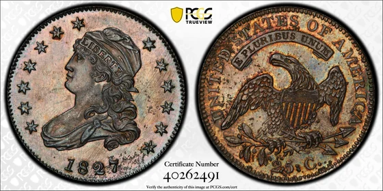 PCGS PR66 1827/3 Restrike Capped Bust proof quarter, obverse and reverse, reference example