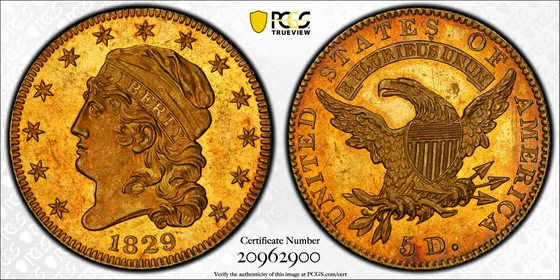 PCGS TrueView photograph of 1829 Large Size Capped Bust Half Eagle, Proof
