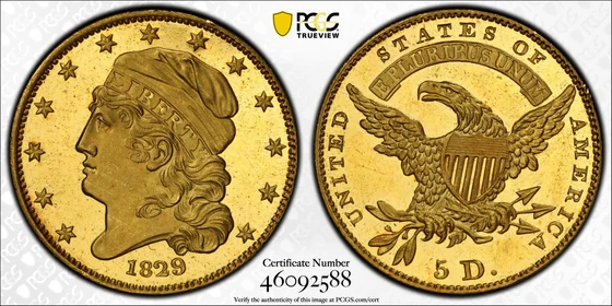 PCGS TrueView photograph of 1829 Small Size Capped Bust Half Eagle, Proof