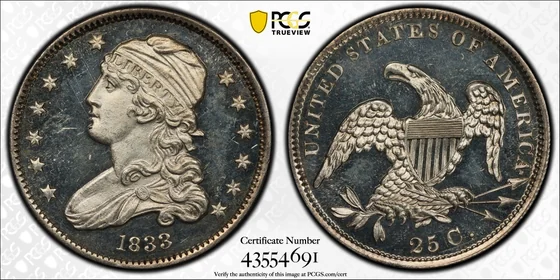 PCGS PR64 Deep Cameo 1833 Capped Bust proof quarter, obverse and reverse, reference example