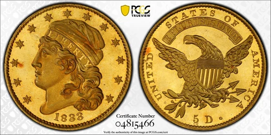 PCGS TrueView photograph of 1833 Capped Bust Half Eagle, Large Date Proof
