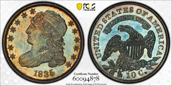 PCGS PR67 1835 Capped Bust dime, obverse and reverse, reference example