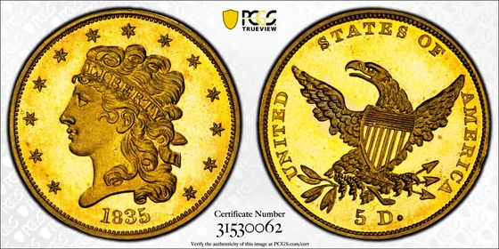PCGS TrueView photograph of 1835 Classic Head Half Eagle, Proof