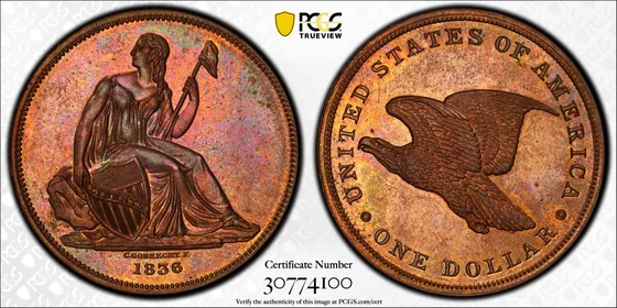 PCGS TrueView photograph of 1836 Gobrecht Dollar Restrike, Judd-64