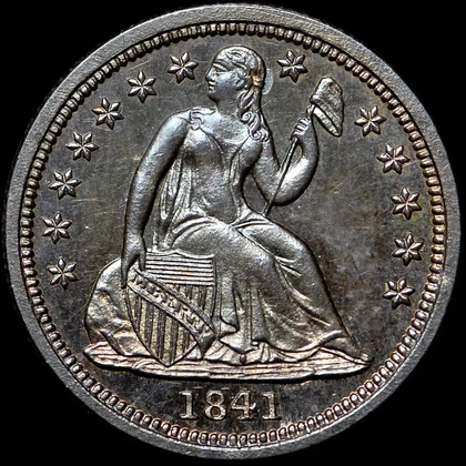 Obverse of the NGC PF67+ 1841 No Drapery Liberty Seated proof dime, Eric P. Newman Collection