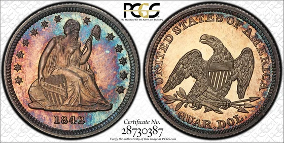 PCGS PR64 1842 Small Date Liberty Seated proof quarter, obverse and reverse, reference example