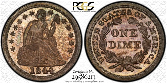 PCGS PR65 1844 Liberty Seated dime, obverse and reverse, reference example