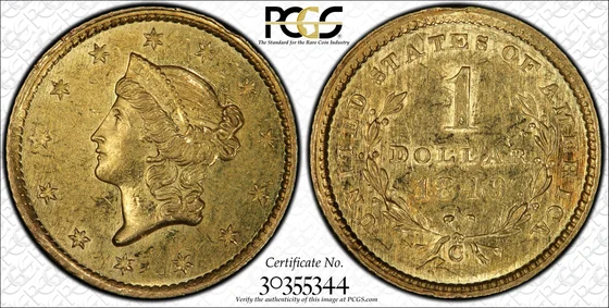 PCGS TrueView photograph of 1849-C Gold Dollar, Open Wreath