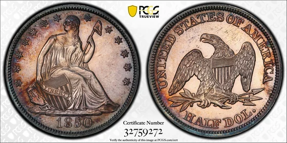 PCGS PR64 1850 Liberty Seated proof half dollar, obverse and reverse, reference example