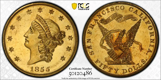 PCGS TrueView photograph of 1855 Kellogg & Co. Fifty Dollars, Proof