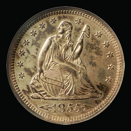 Obverse of the NGC PF64 1855-S Arrows Liberty Seated quarter, Golden Gate Collection