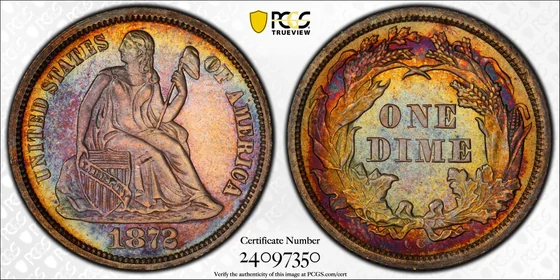 PCGS MS63 1872-CC Liberty Seated dime, obverse and reverse, reference example