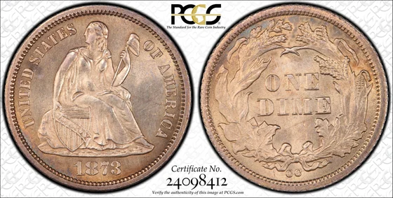 PCGS TrueView of the unique 1873-CC No Arrows Liberty Seated dime, obverse and reverse