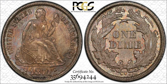 PCGS MS63 1874-CC Arrows Liberty Seated dime, obverse and reverse, reference example