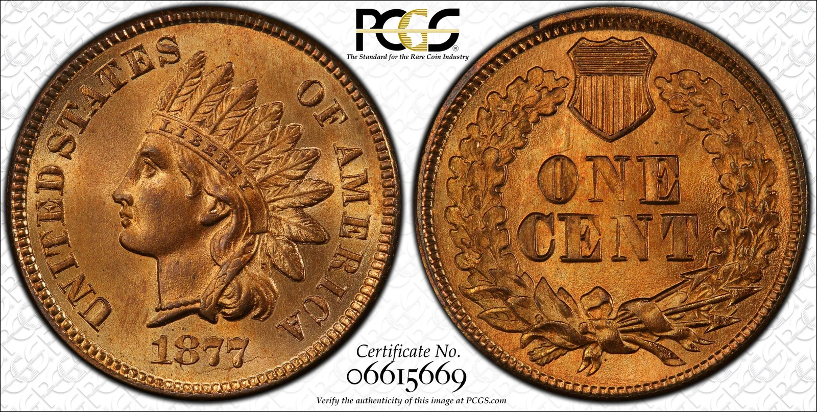 Obverse and reverse of 1877 Indian Head cent; PCGS TrueView photograph