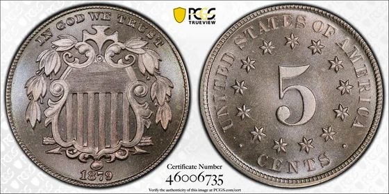 1879/8 Shield nickel, Proof, PCGS PR68 specimen, obverse and reverse