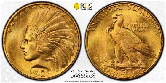 PCGS TrueView photograph of 1907 Indian Head Eagle, Rolled Edge Regular Strike