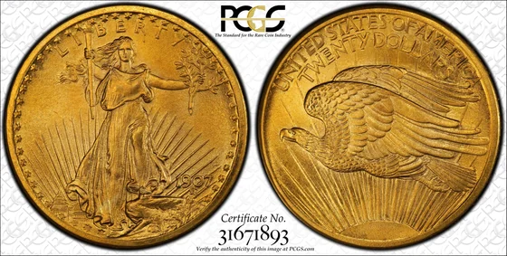 PCGS TrueView photograph of 1907 Saint-Gaudens Double Eagle, Small Edge Letters Proof