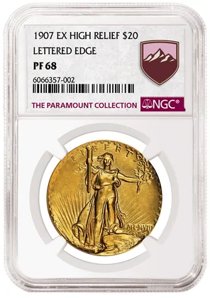 NGC photograph of 1907 Ultra High Relief Double Eagle, Normal Edge Letters