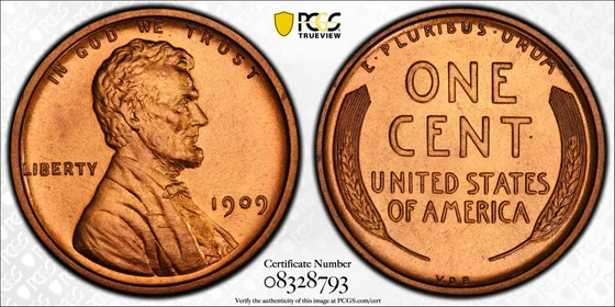 Obverse and reverse of 1909 VDB Lincoln cent, Matte Proof; PCGS TrueView photograph