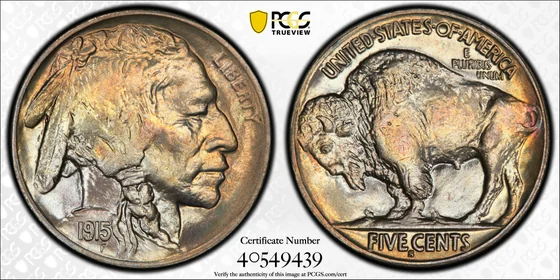 Obverse and reverse of 1915-S Buffalo nickel; PCGS TrueView photograph