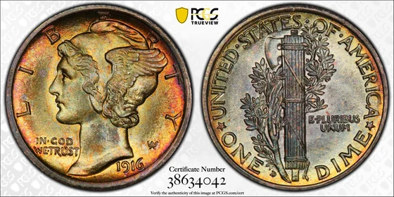 Representative 1916-D Mercury dime in PCGS MS67+FB, not either cited sale specimen