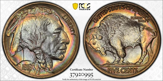 1916 Buffalo nickel, Proof, PCGS PR68+ specimen, obverse and reverse